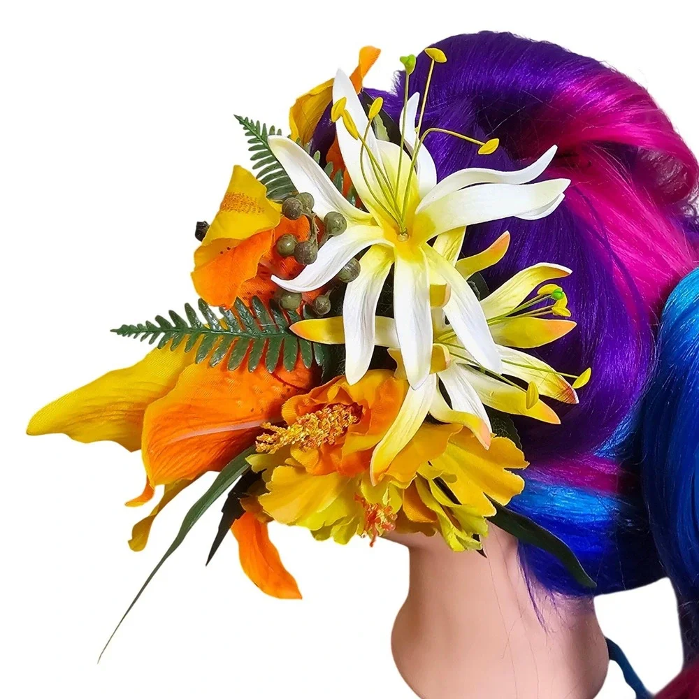 Tropical Hibiscus Lily Hair Flower‎ Clip Orange Yellow Tiki Pinup Rockabilly